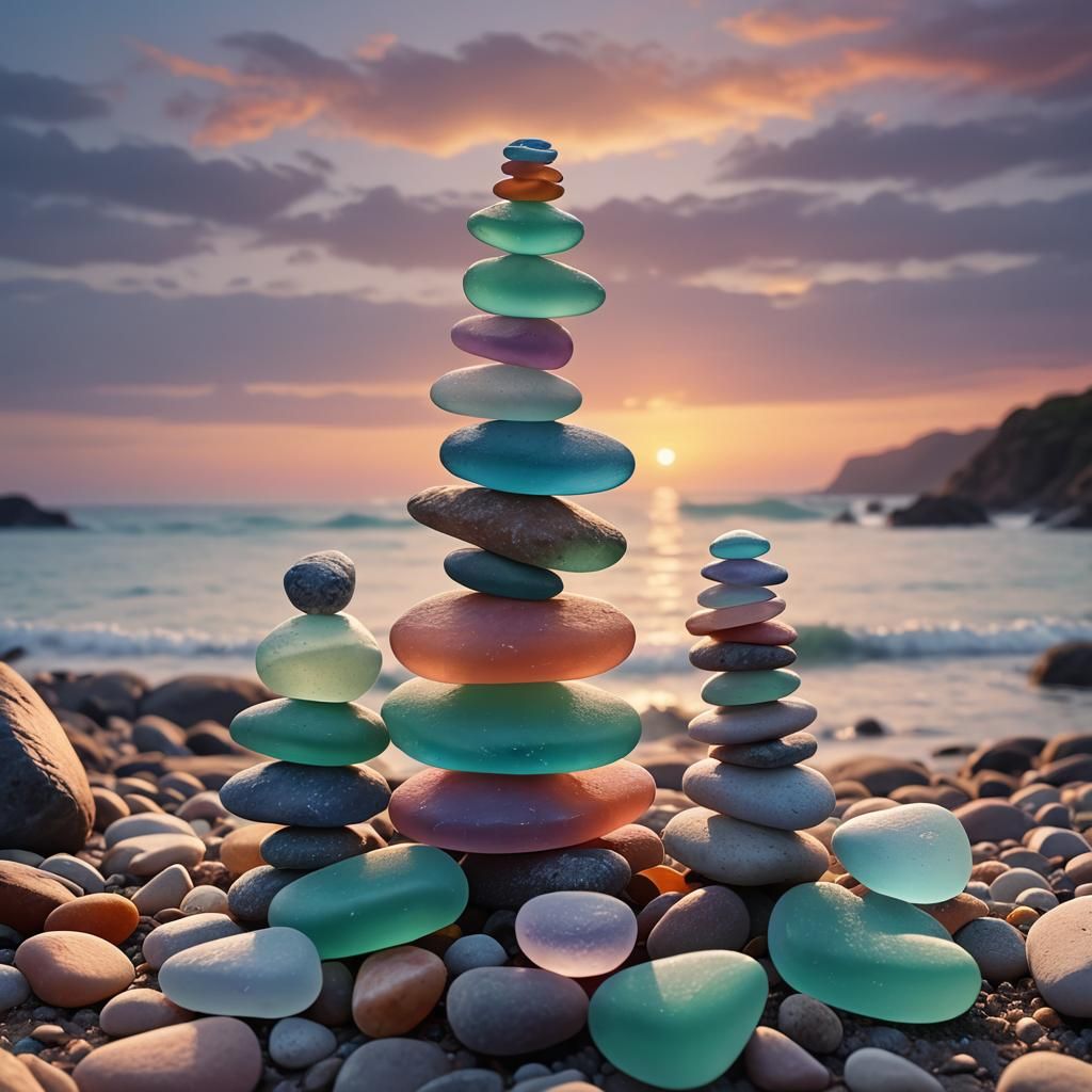 Pastel Sea Glass Stones Balanced at Sunset