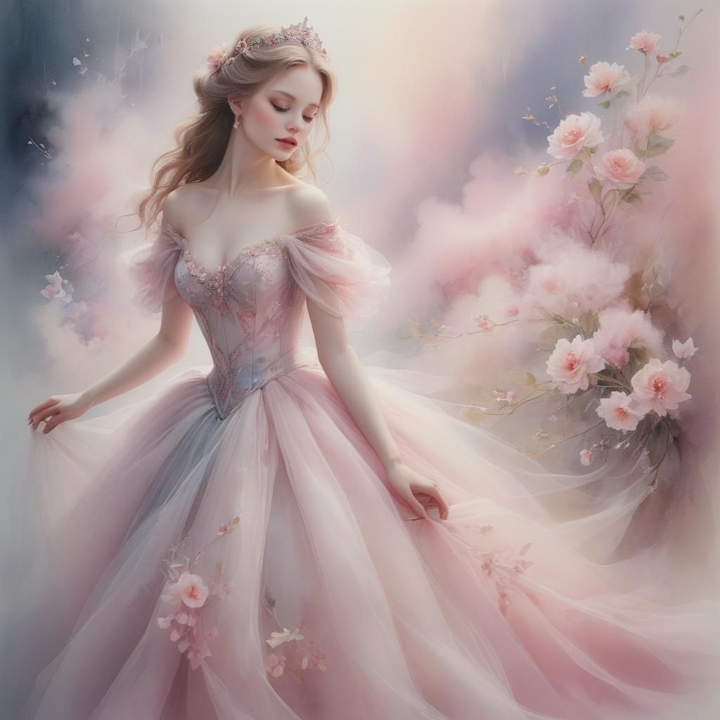 Enigmatic Princess in Watercolor Ball Gown
