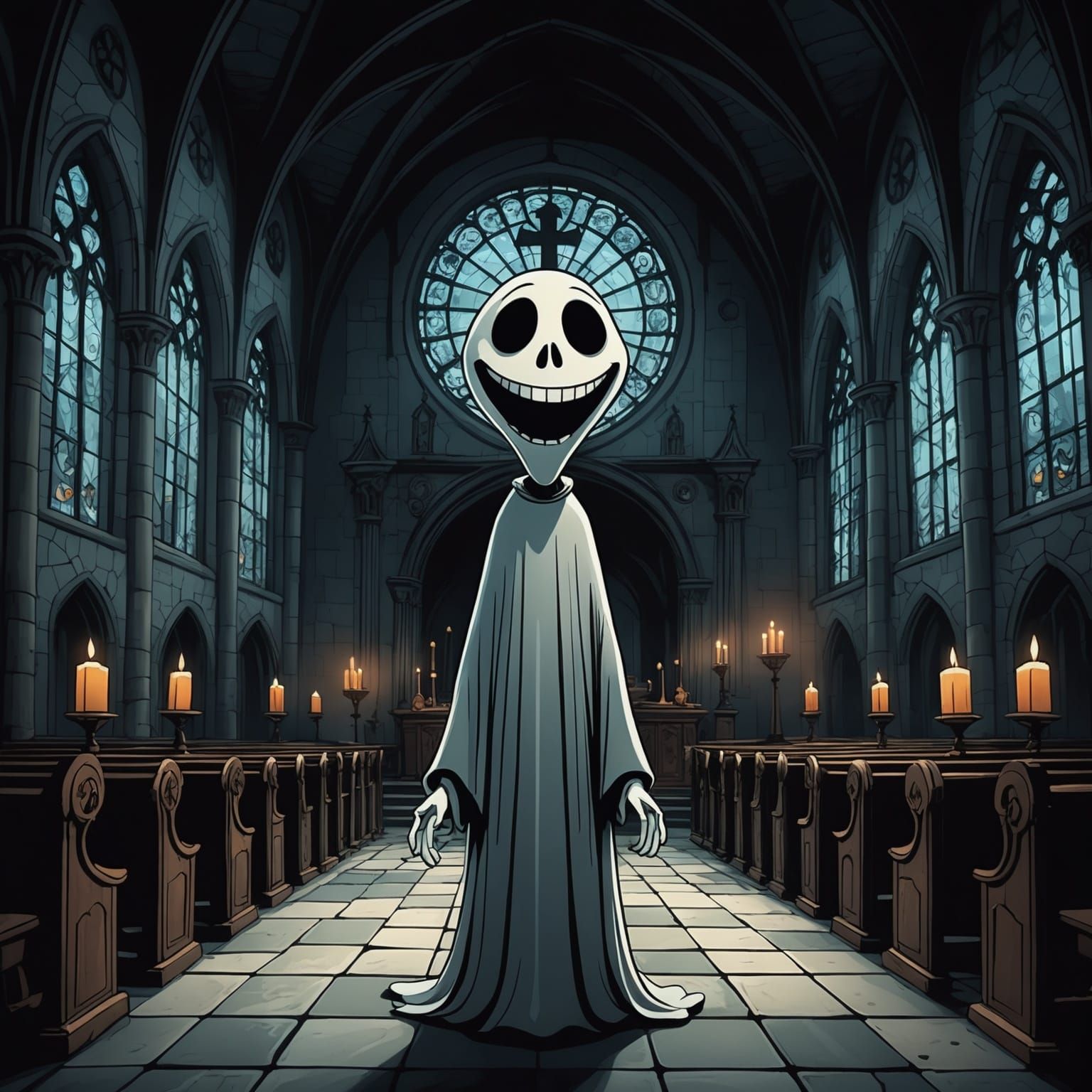 Smiling Ghost in Spooky Church, Tim Burton Style