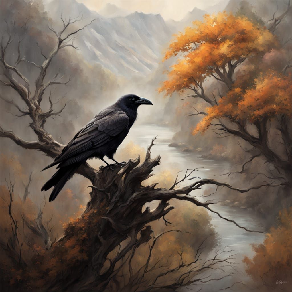 Raven Over Misty River in Acrylic Art Style