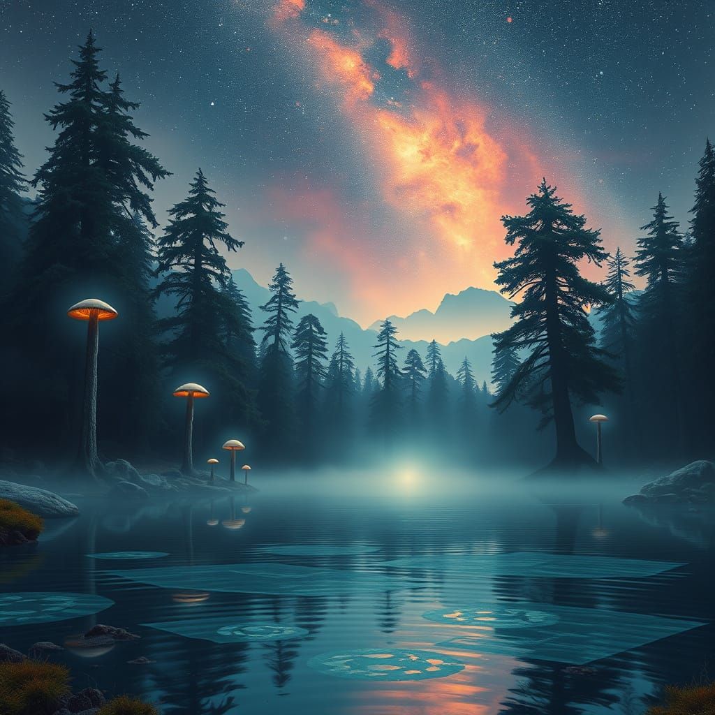 Ethereal Cosmic Landscape with Ancient Trees and Glowing Mus...