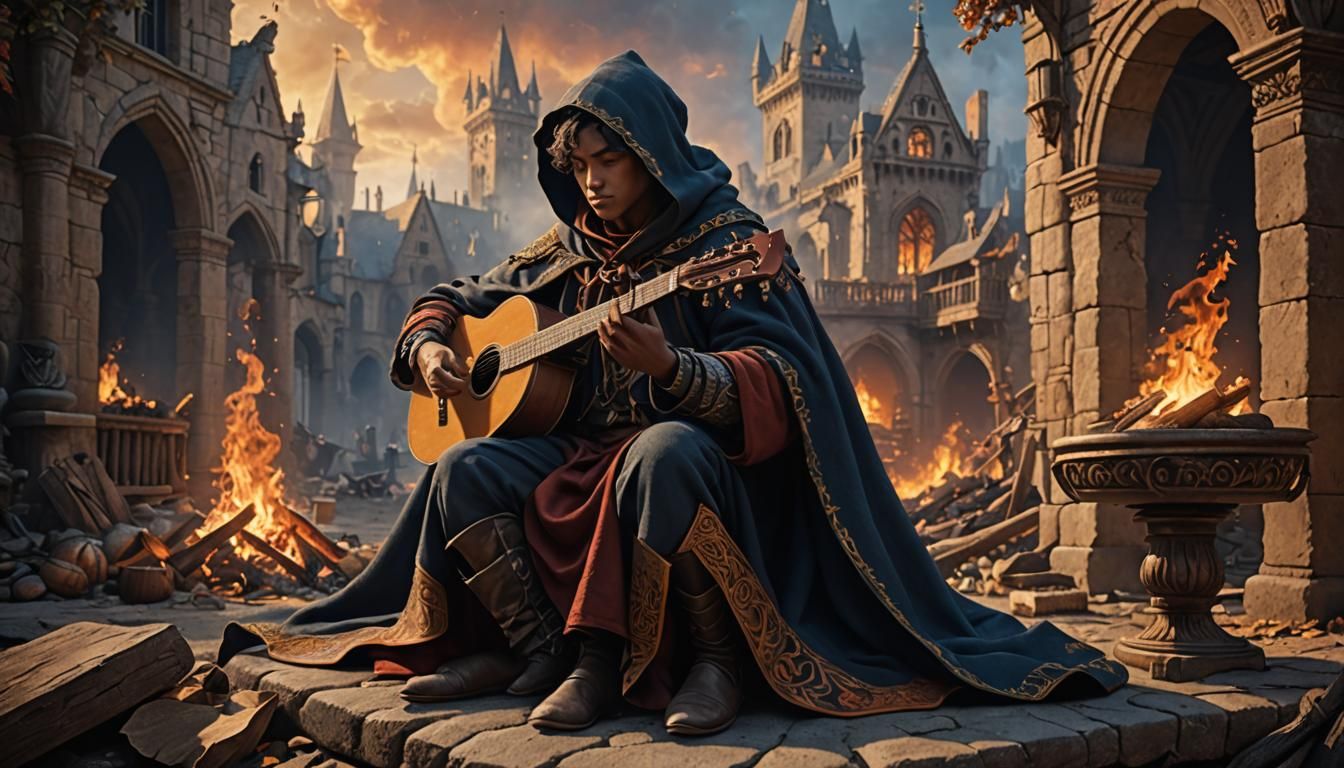 Young Minstrel Plays Lyre by Firelight