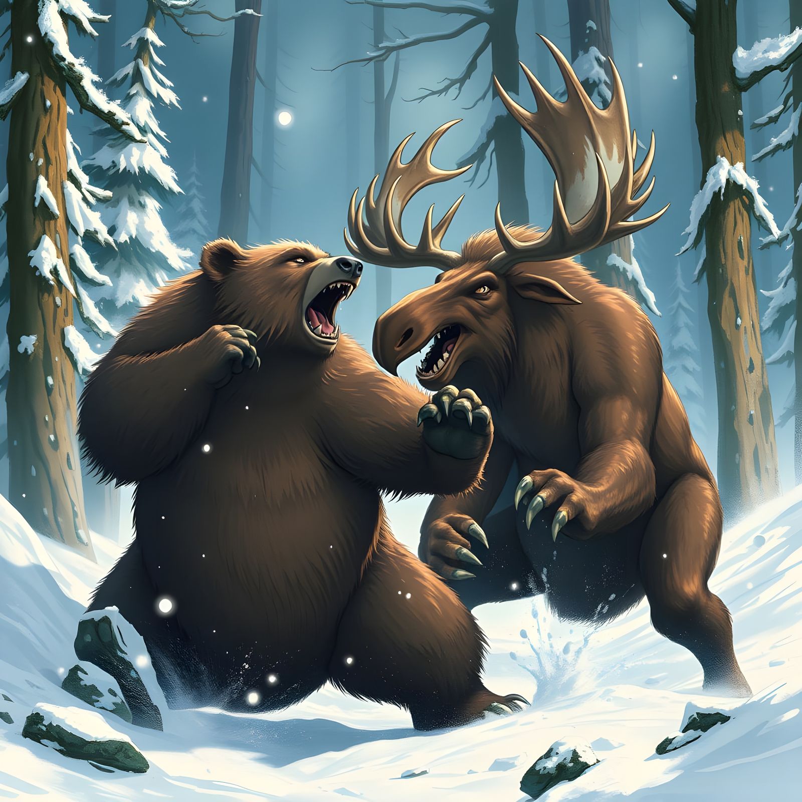 Anime Style Grizzly Bear Fights Moose