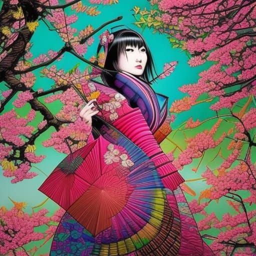 Japanese Woman in Origami Under Cherry Tree, Comic Art