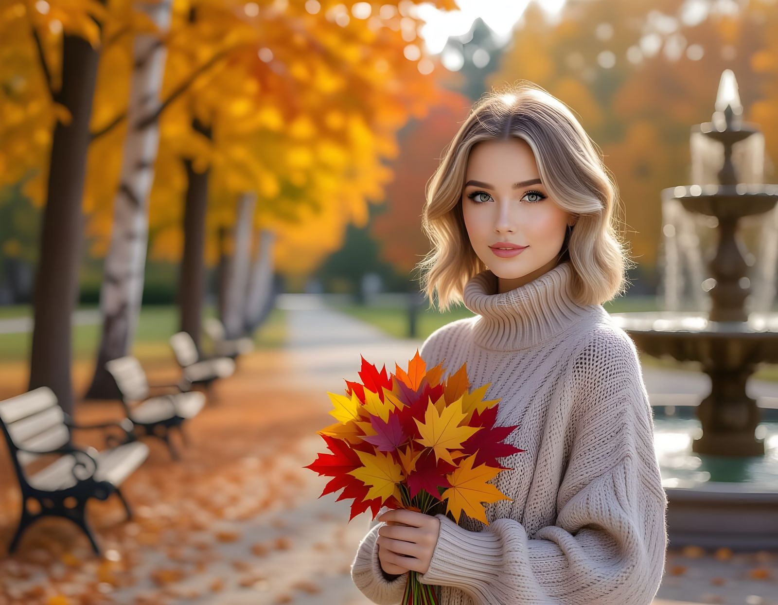 Autumn Park Scene With Girl and Fountain