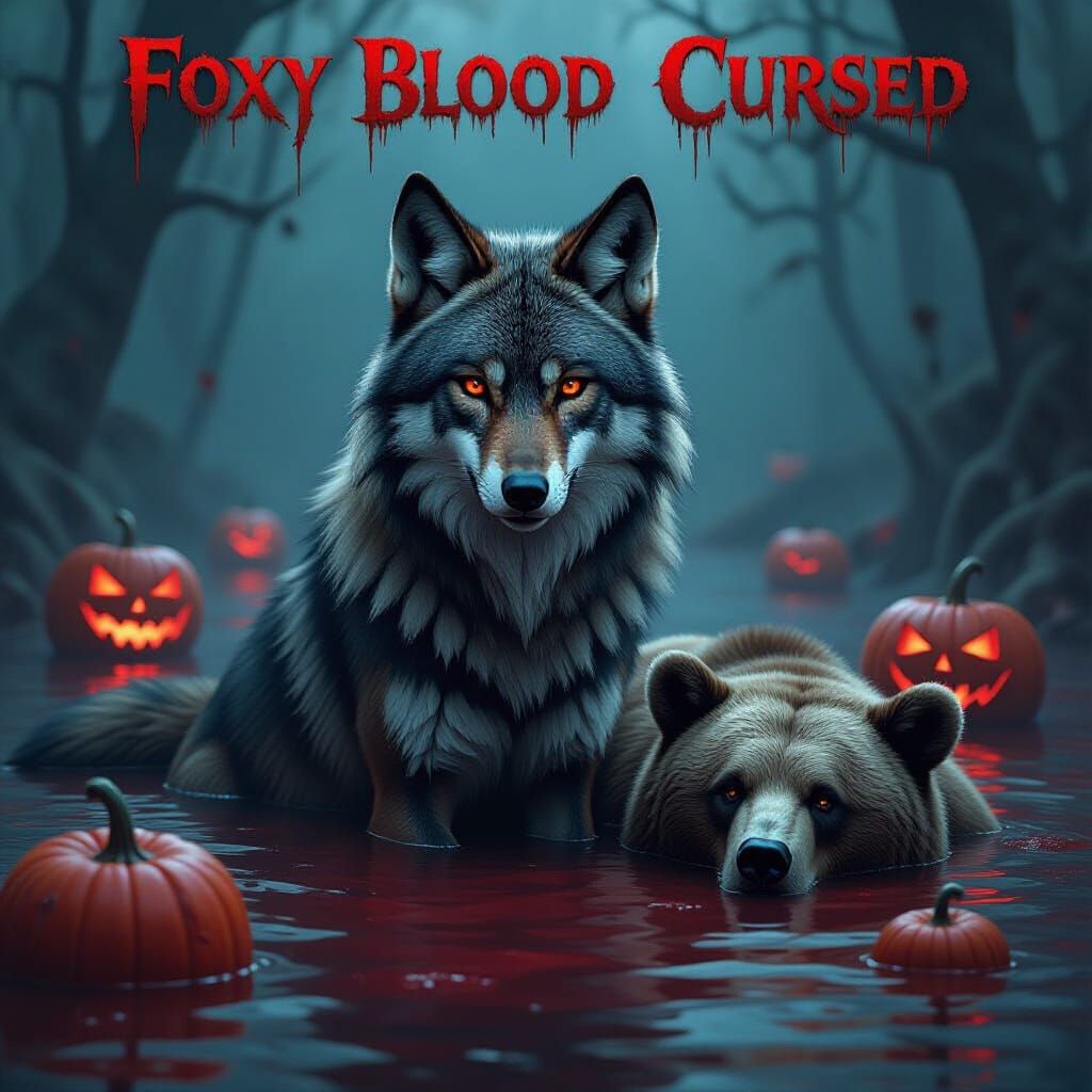Cursed Wolf in Bloody Water with Red Pumpkins