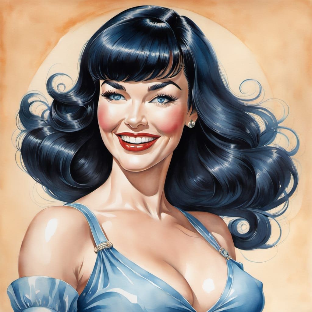 Whimsical Bettie Page Caricature in Street Art Watercolor St...