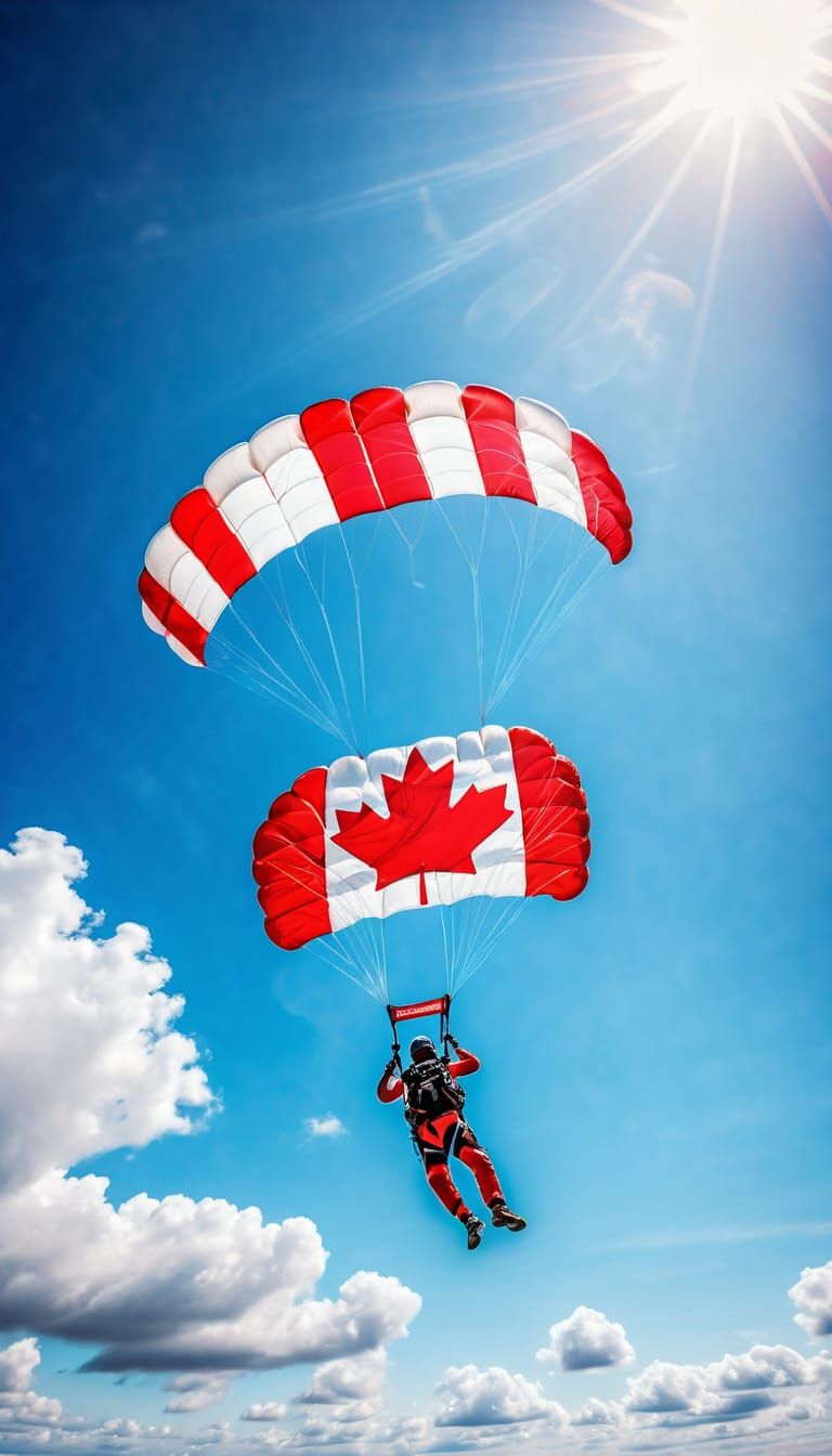 Skydiver with Canadian Flag Parachute in Blue Skies