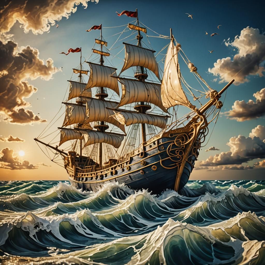 String Ship Sails Knotted Sea: Surreal Mixed Media