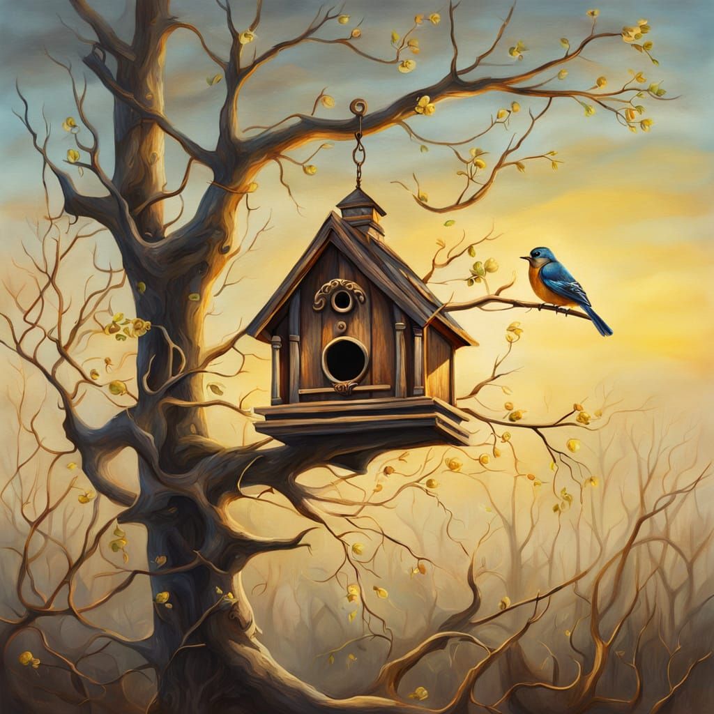 Surreal Birdhouse in Dreamlike Landscape