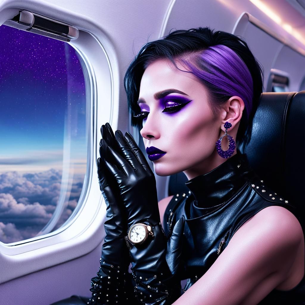 Goth Punk Woman in Plane During Storm