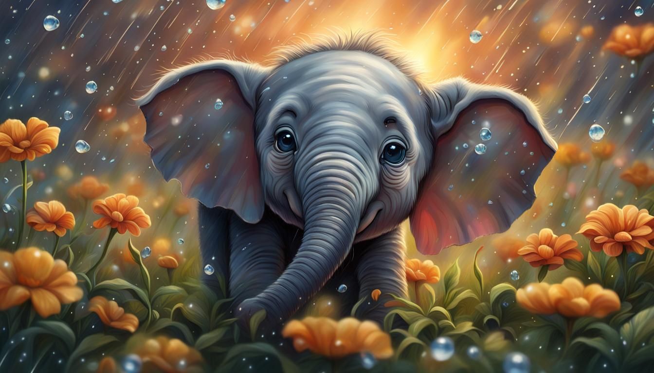 Cute Baby Elephant in Flower Rain, Oil Painting