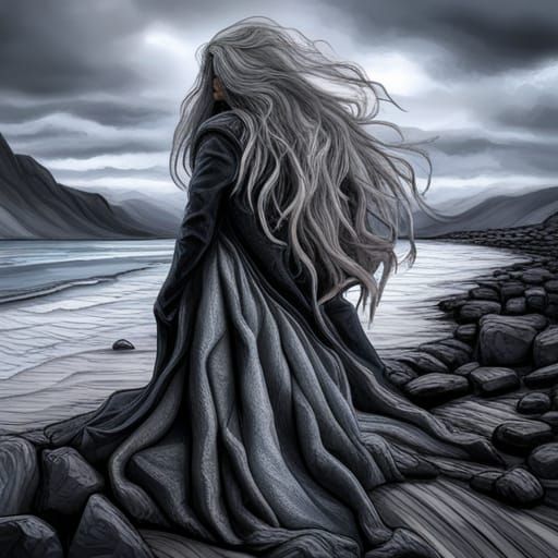 Grey Humanoid on Basalt Shore in Hyperrealism