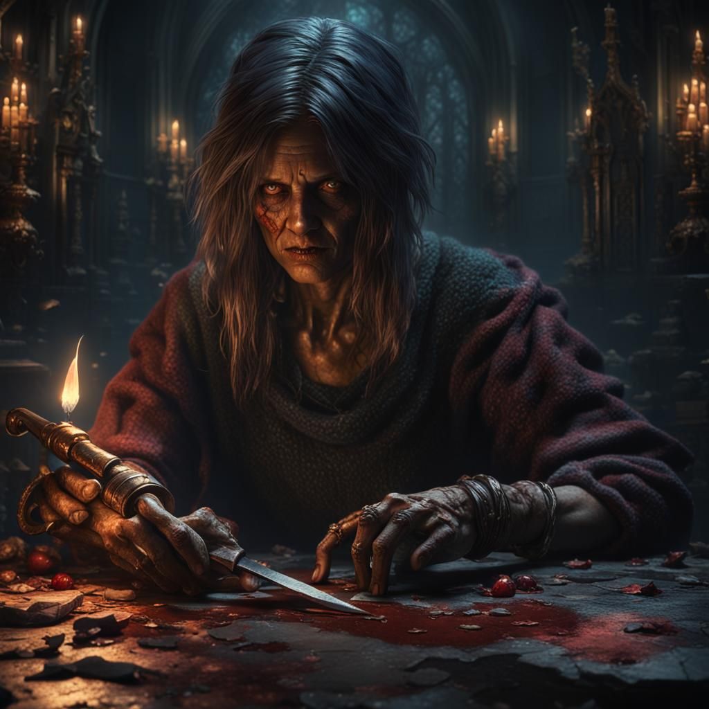 Grunge Woman with Bloody Knife, Dark Fantasy Art