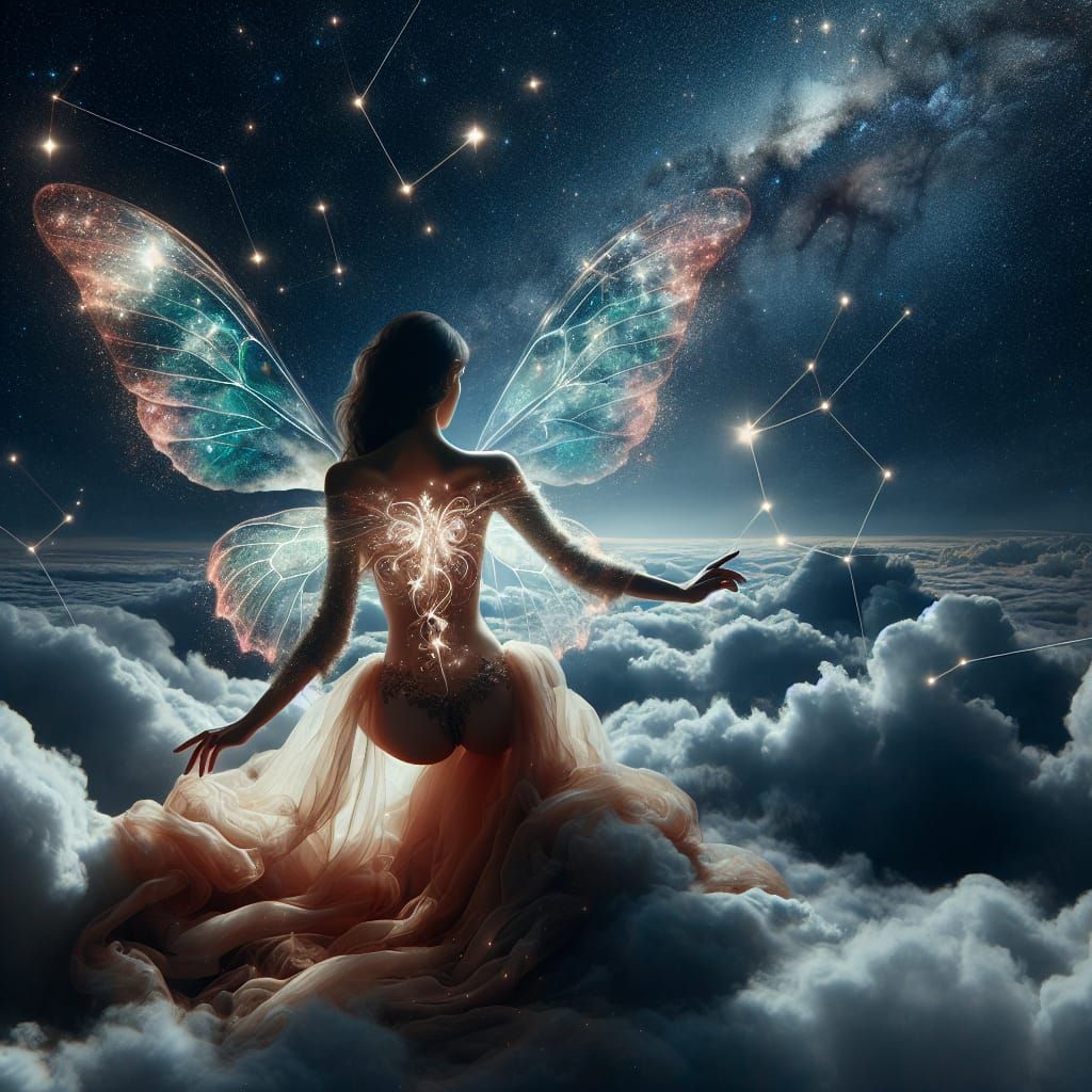 Woman with Butterfly Wings in Starry Night Sky