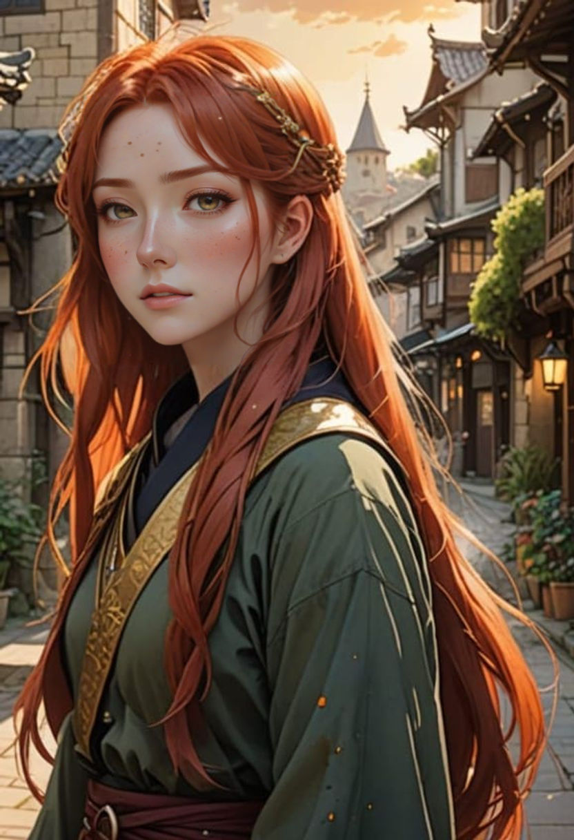 Whimsical Anime-Inspired Portrait of a Freckled Redhead in a...