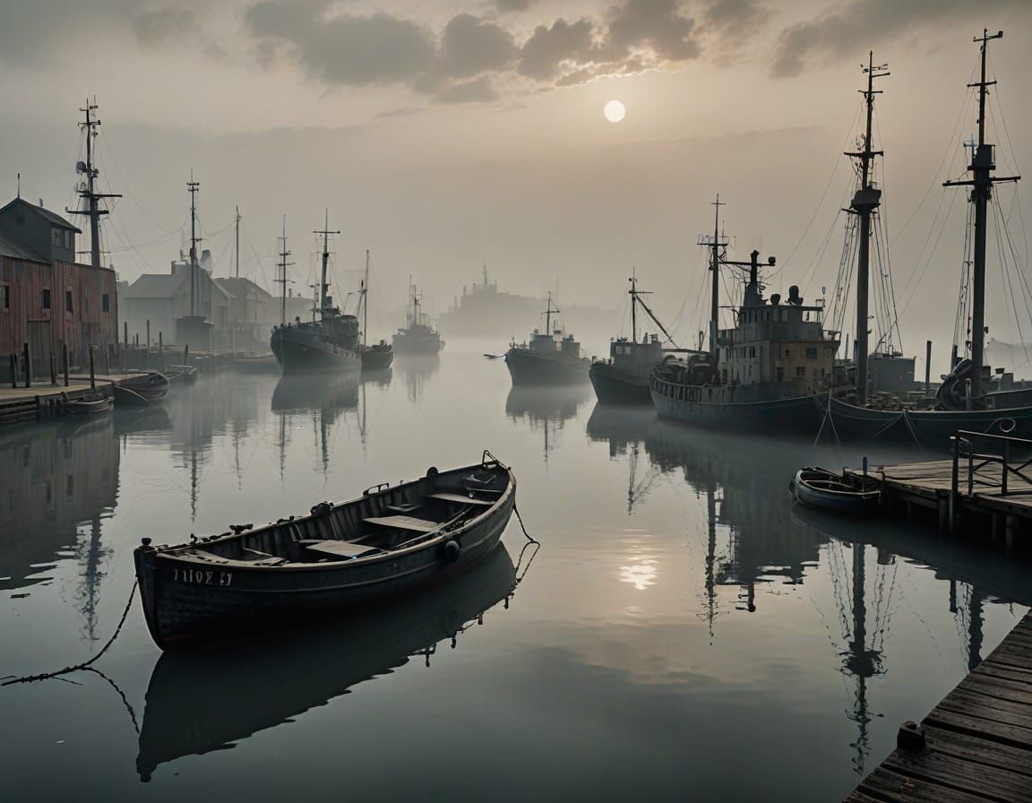 WWII Harbor Fog: Deserted Docks and Ghostly Ships