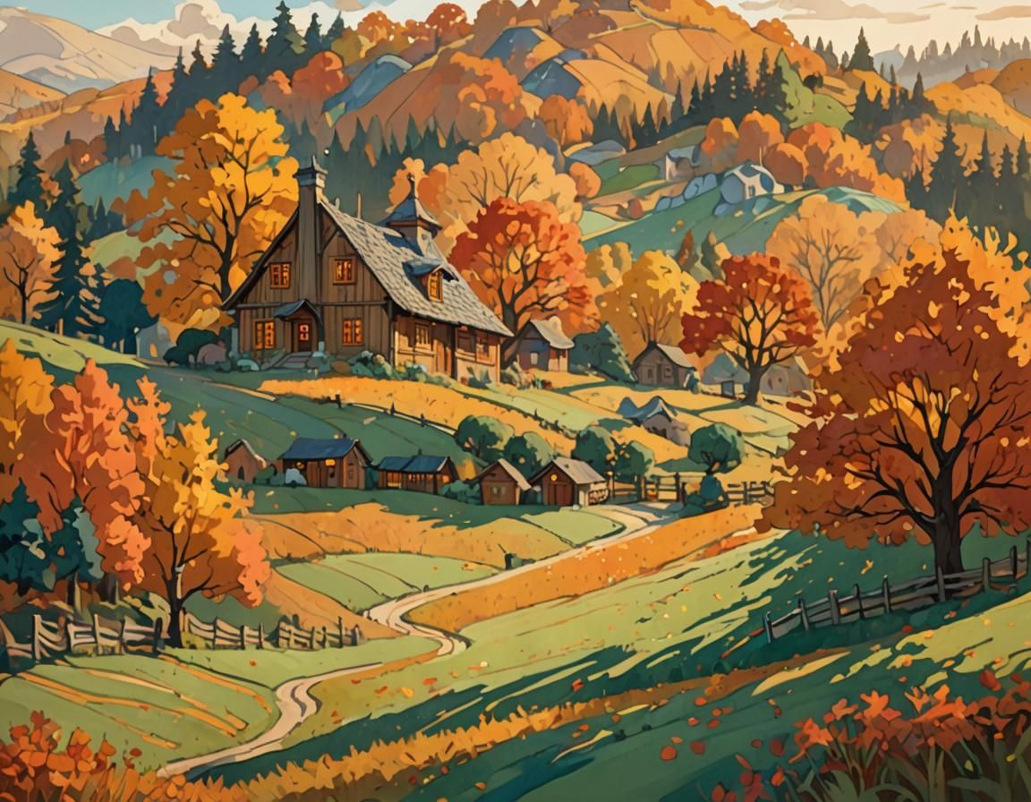 Enchanting Autumn Maison in Folk Art Style