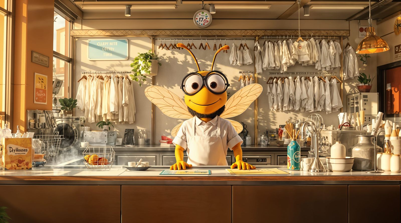 Happy Housefly Dry Cleaner in CGI Cartoon Style