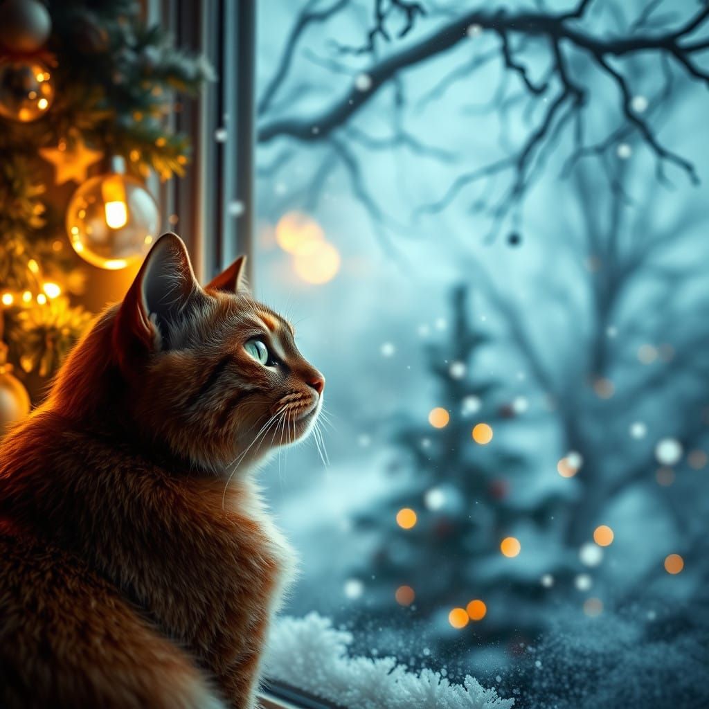 Tortoiseshell Cat Contemplates Winter Wonderland Through Fro...