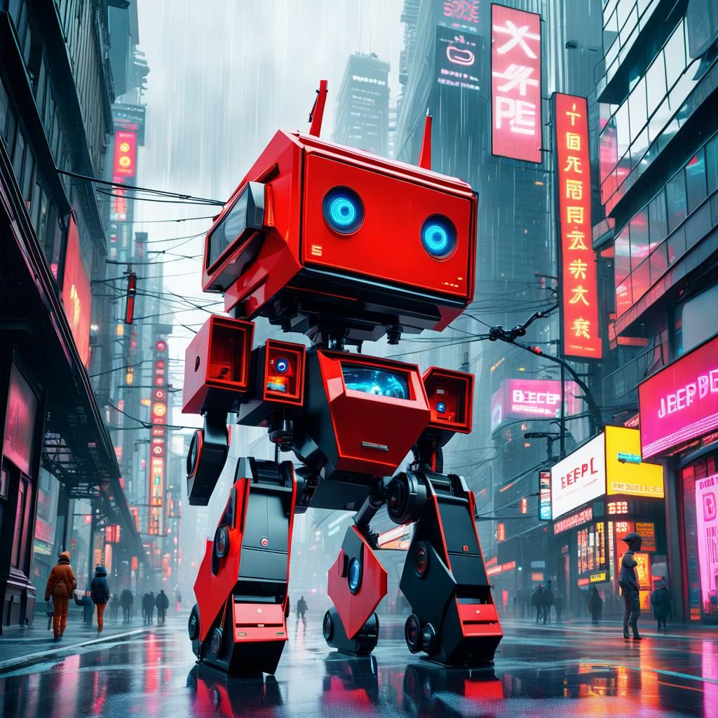 Lonely Robot in Rainy City Street, Digital Art