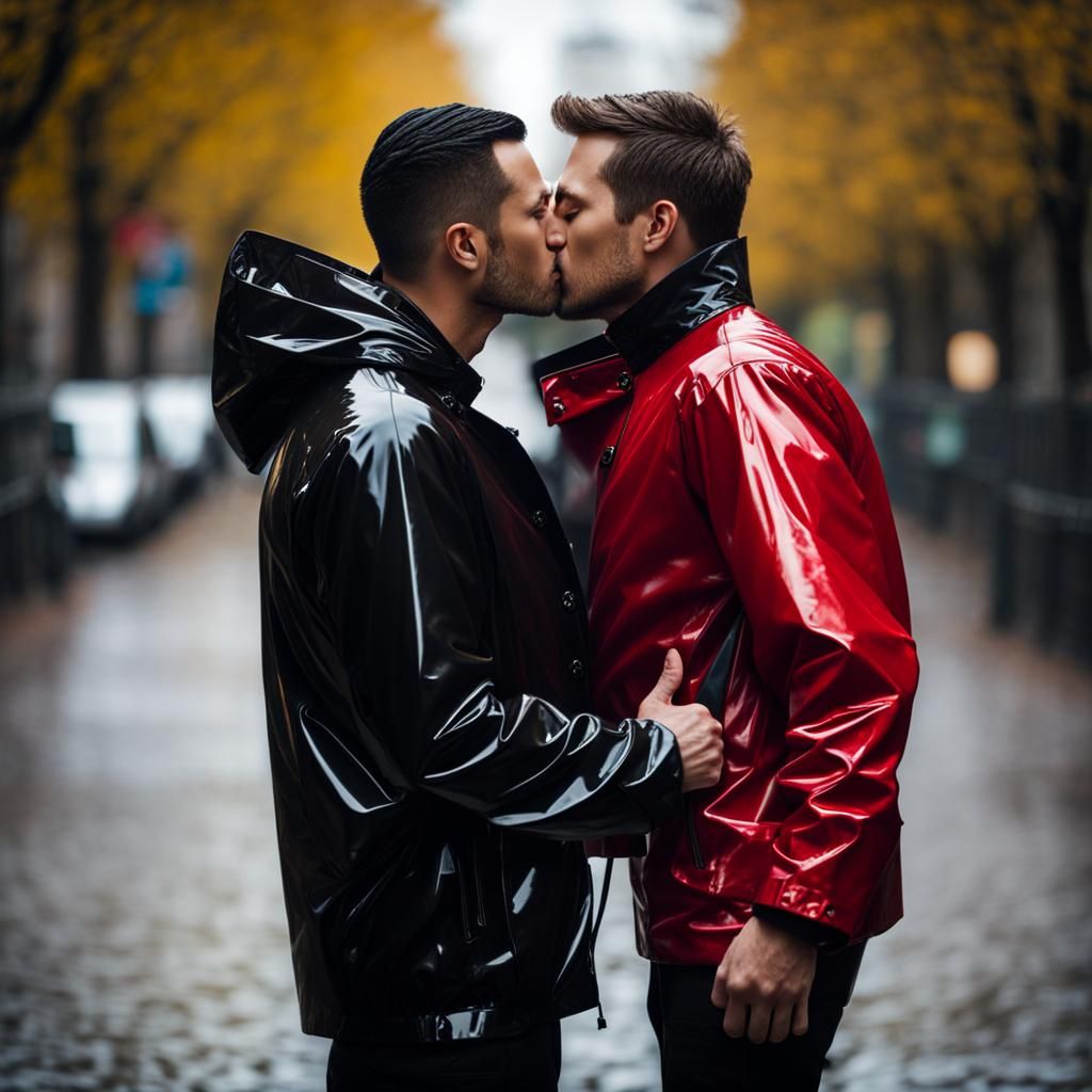 Men Kissing in Shiny PVC Raincoats: Close-Up