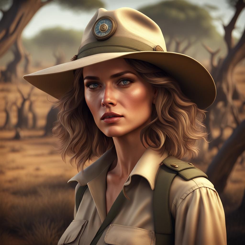 Australian Woman in Safari Outfit, Detailed Matte Painting