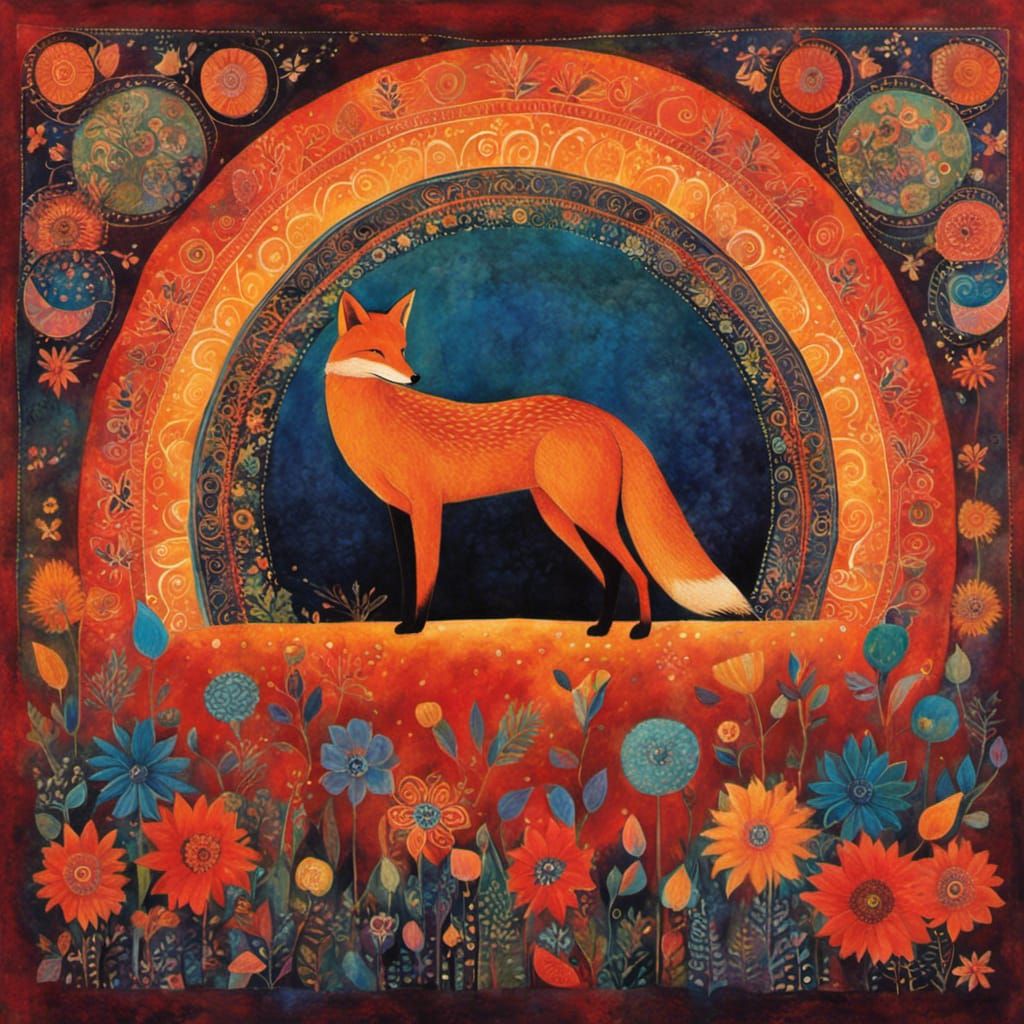 Patterned Fox with Sun and Flowers, Folk Art Illustration