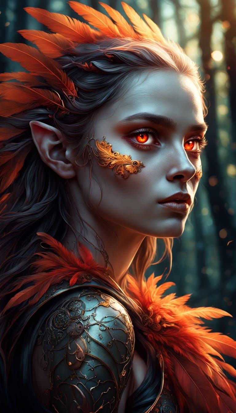Enchanting Elf Maiden with Radiant Red Eyes and Vibrant Feat...