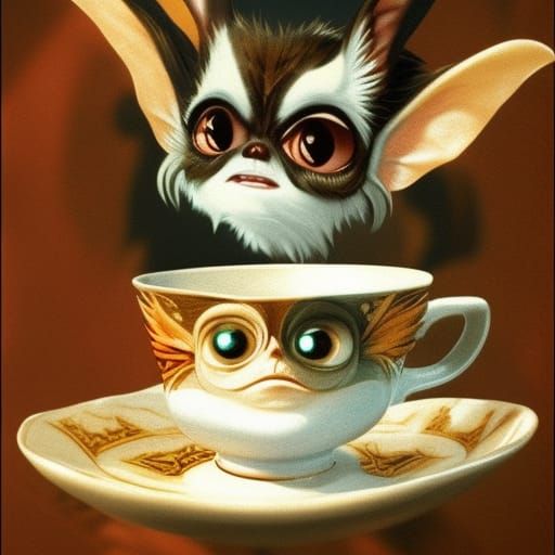 Gremlin Pouting in Teacup: Cinematic Digital Art