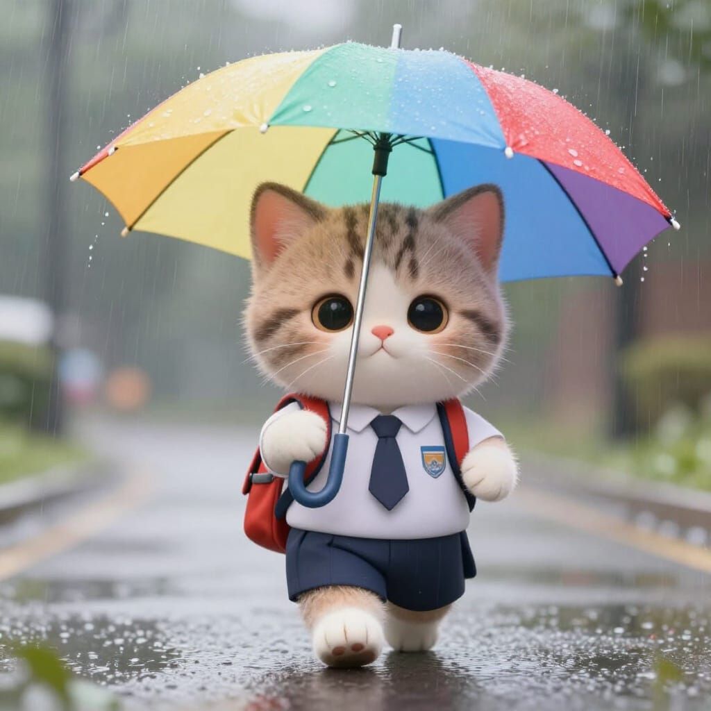 Adorable Kitten Goes to School on Rainy Day