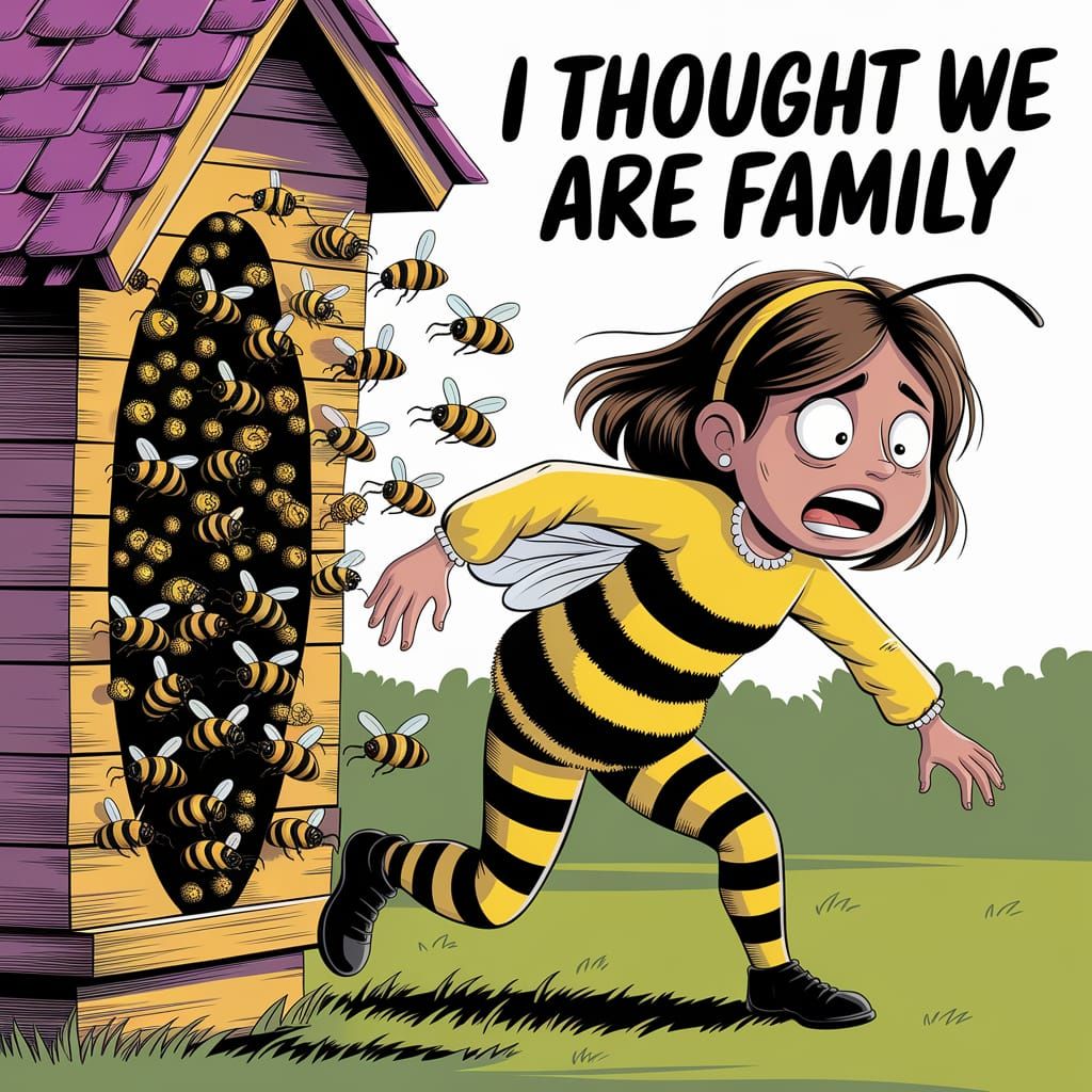 Girl Fights for Life Amidst Beehive Chaos in Vibrant Cartoon...