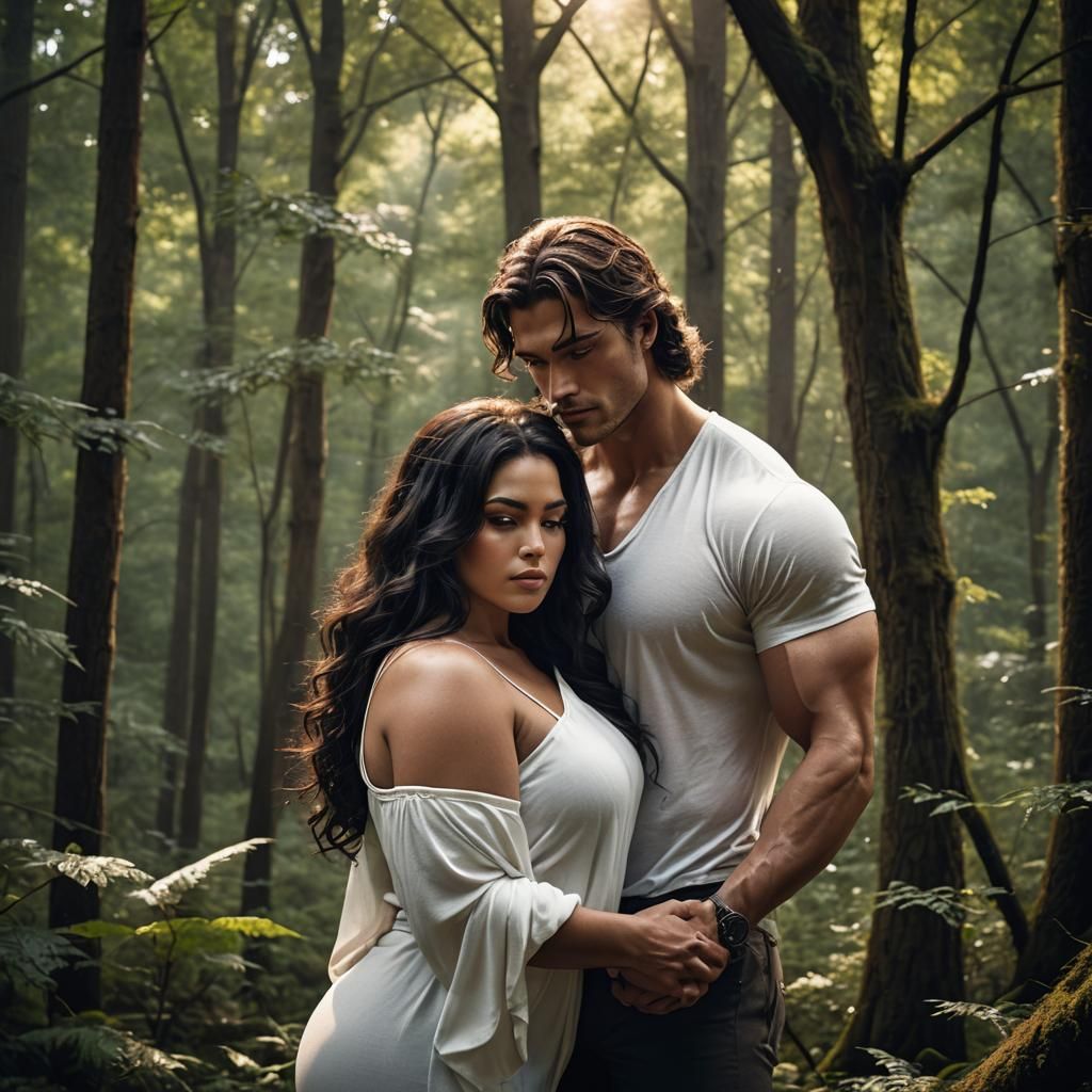 Passionate Couple Embrace in Forest, Hyperrealistic Photogra...