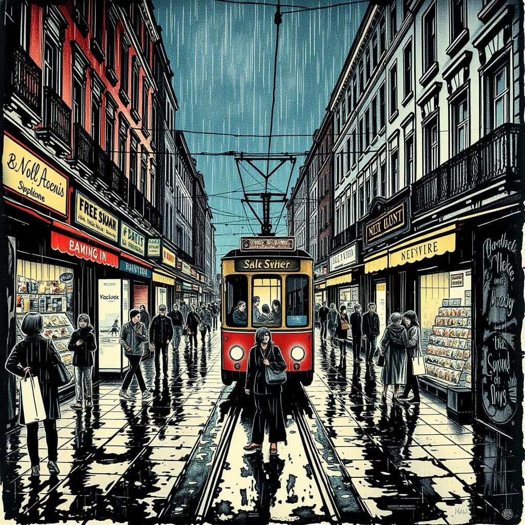 Nighttime Scene of Bustling Shopping Street with Tram