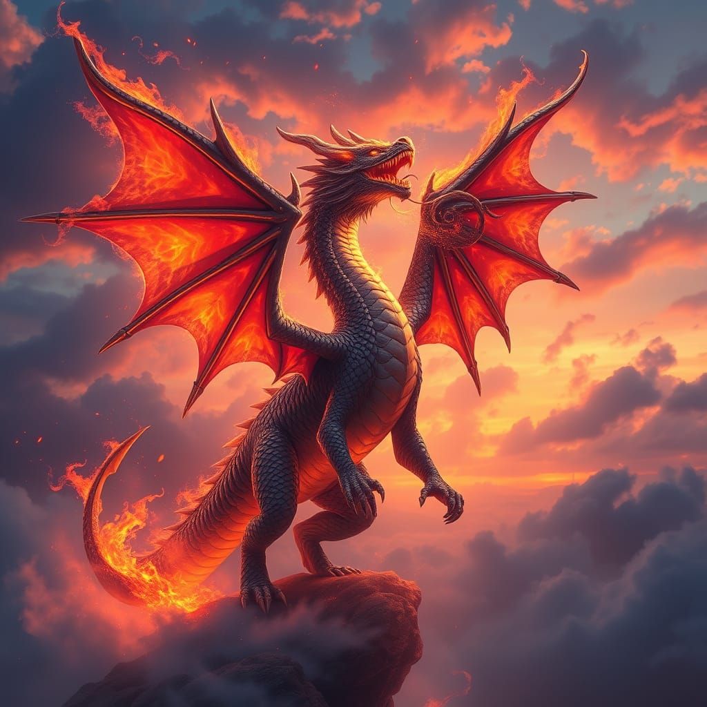 Dragon in a Fiery Spectacular Sky