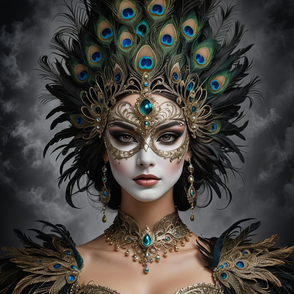 Mask Queen with Peacock Feathers in Digital Art
