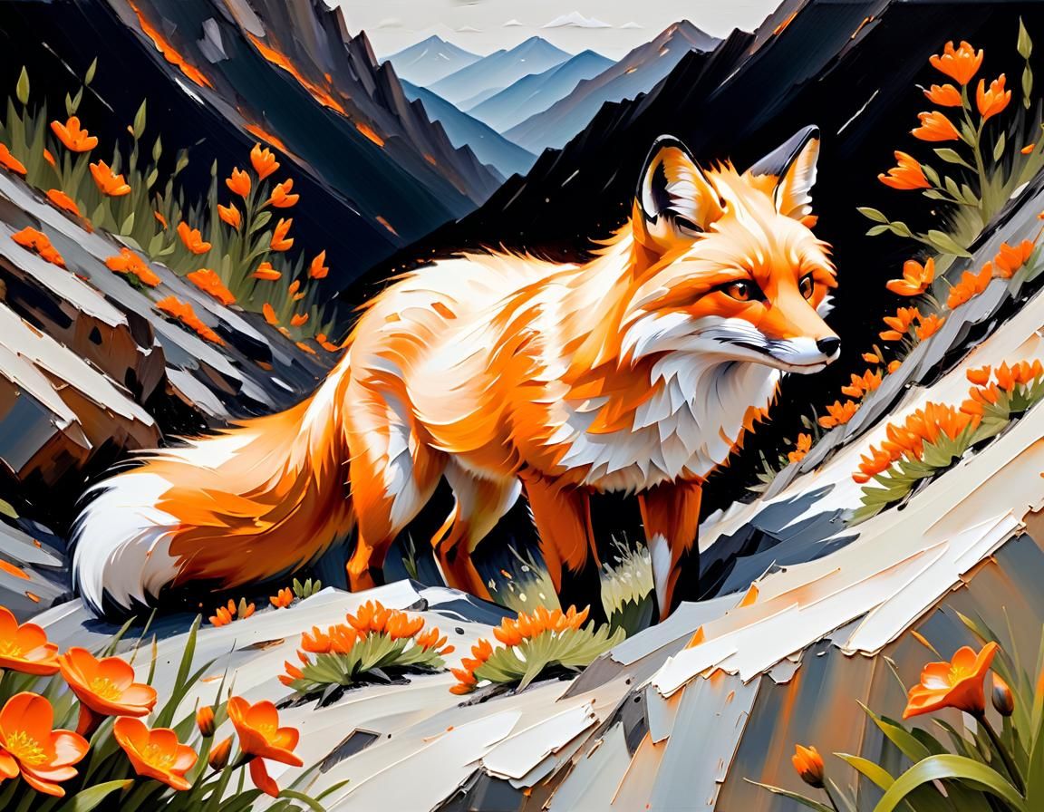 Orange Fire Fox in Mountain Landscape: Impasto Painting