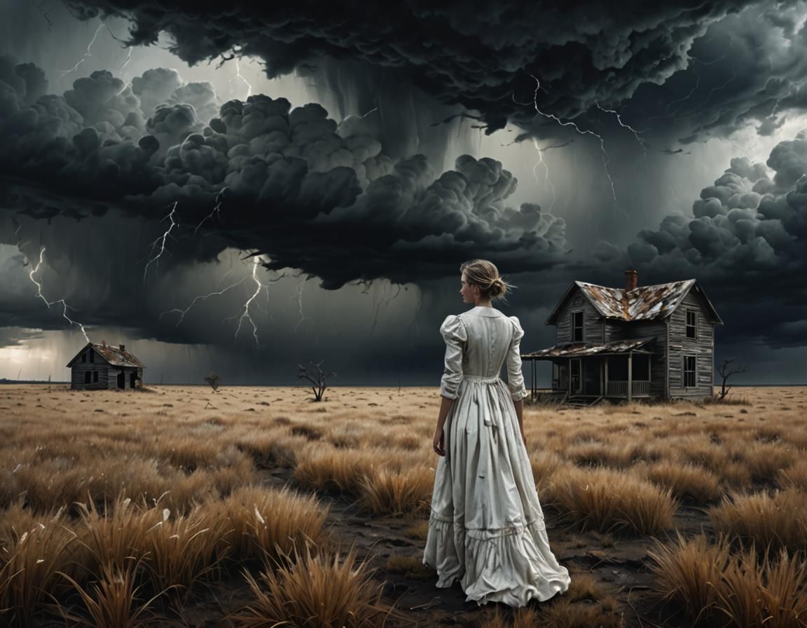 Solitary Woman in Stormy Field: Surreal Dystopian Art