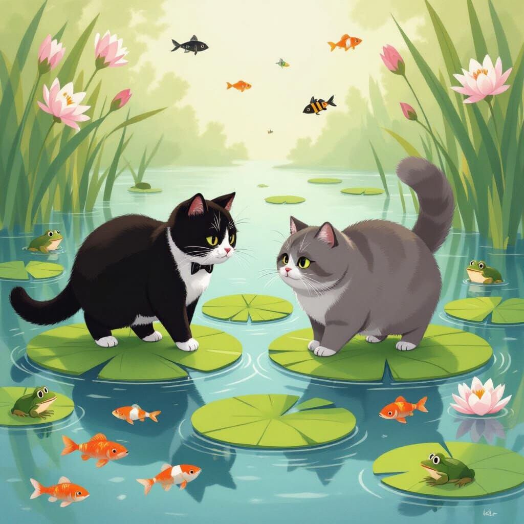 Cats Walking on Lilypads in Whimsical Style