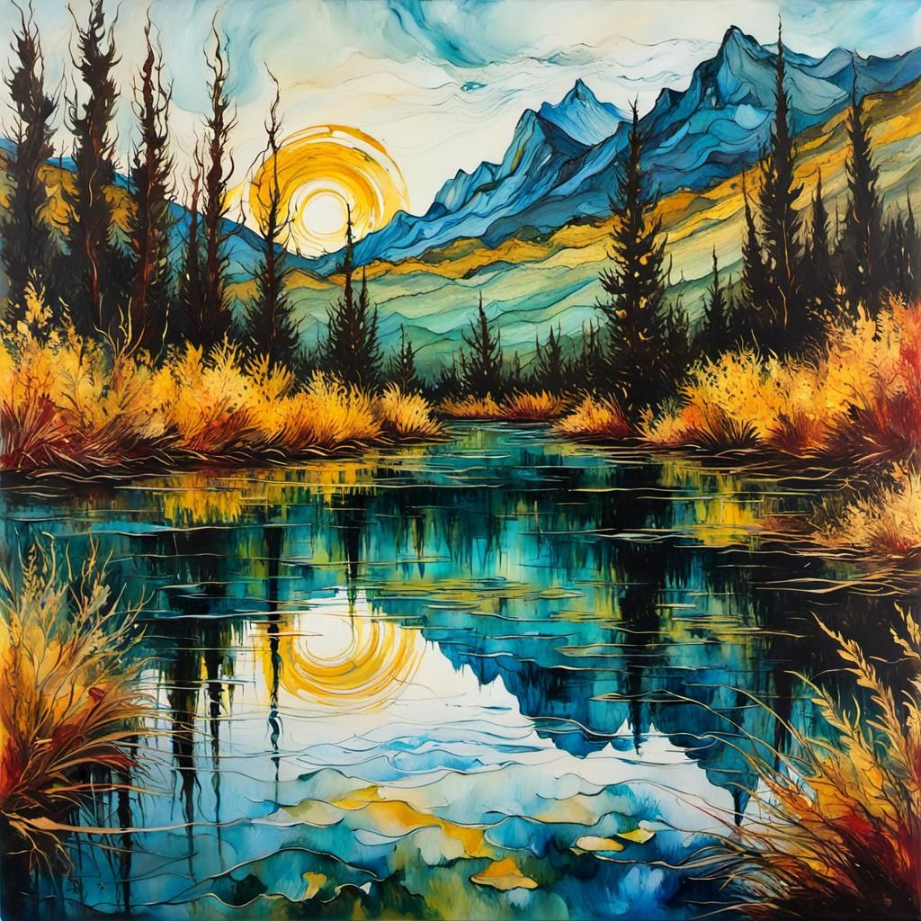 Encaustic Lake Reflection in Van Gogh Style