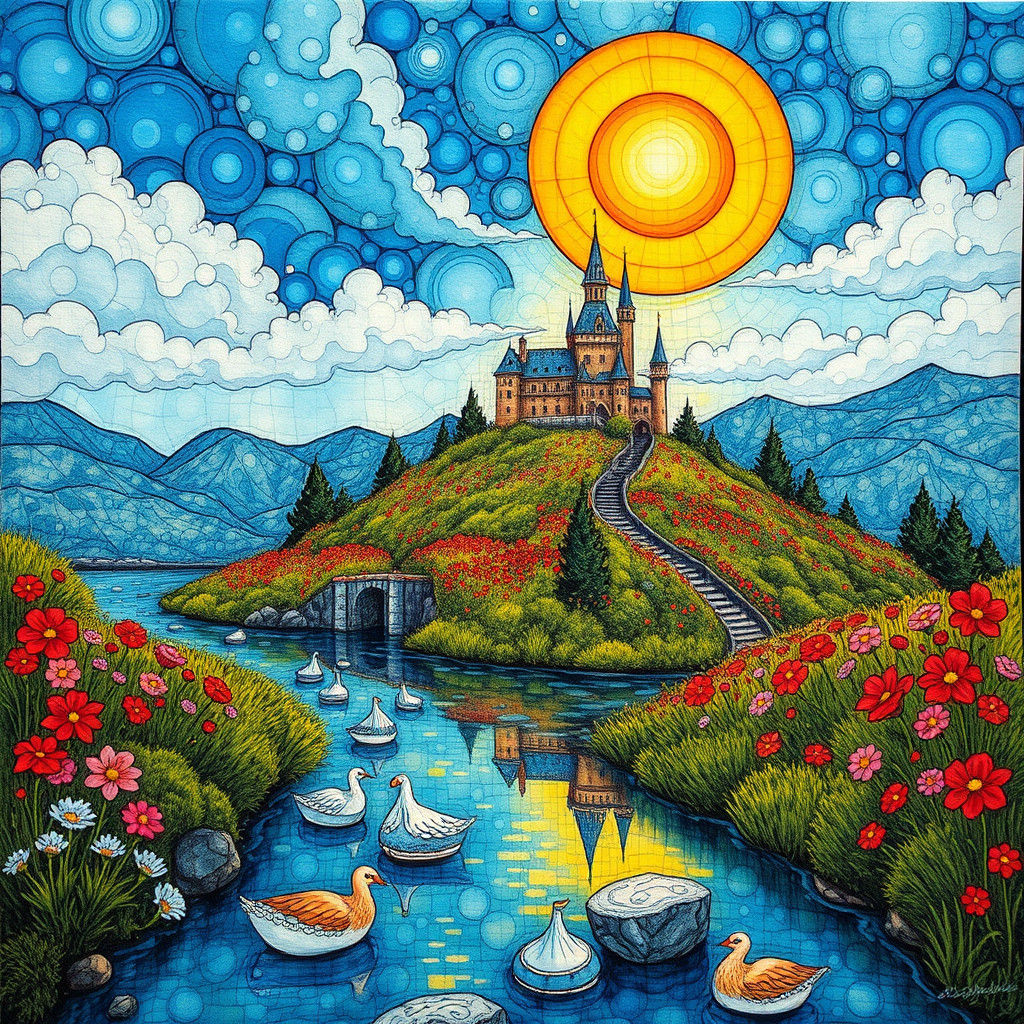 Fantasy Landscape Painting with Zentangle Patchwork Effect