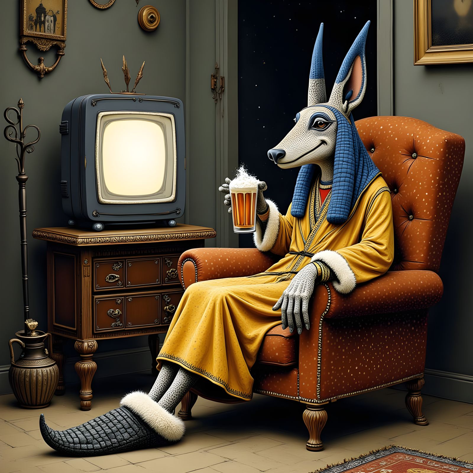 Anubis Relaxing with Beer in Hand Drawn Style