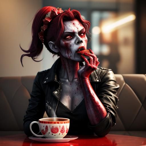 Zombie Woman Enjoying Coffee and Cupcake in 3D