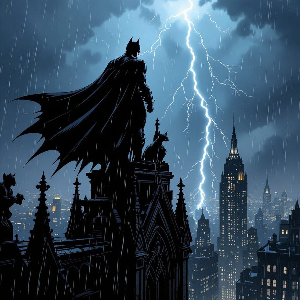Batman Silhouetted Against Stormy Gotham Night