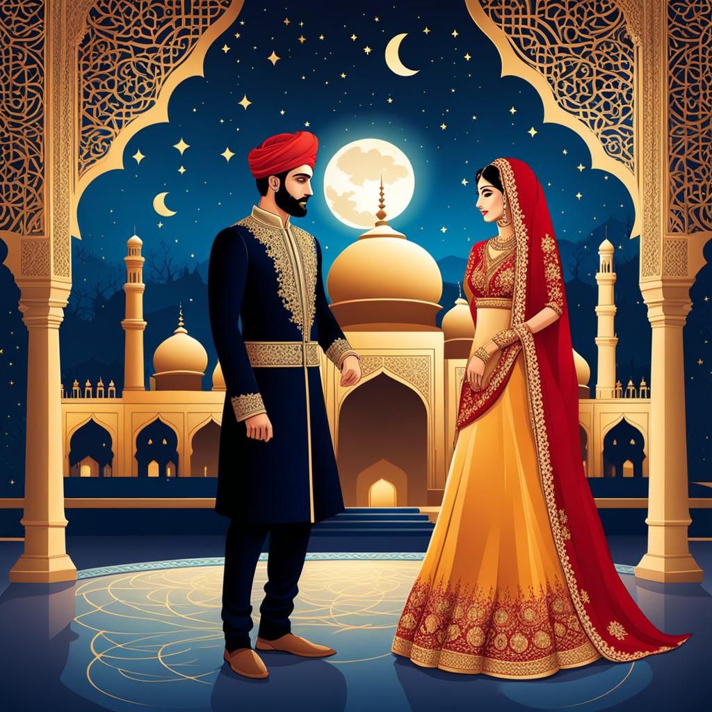 Vector Wedding Invitation with Muslim Couple under Stars