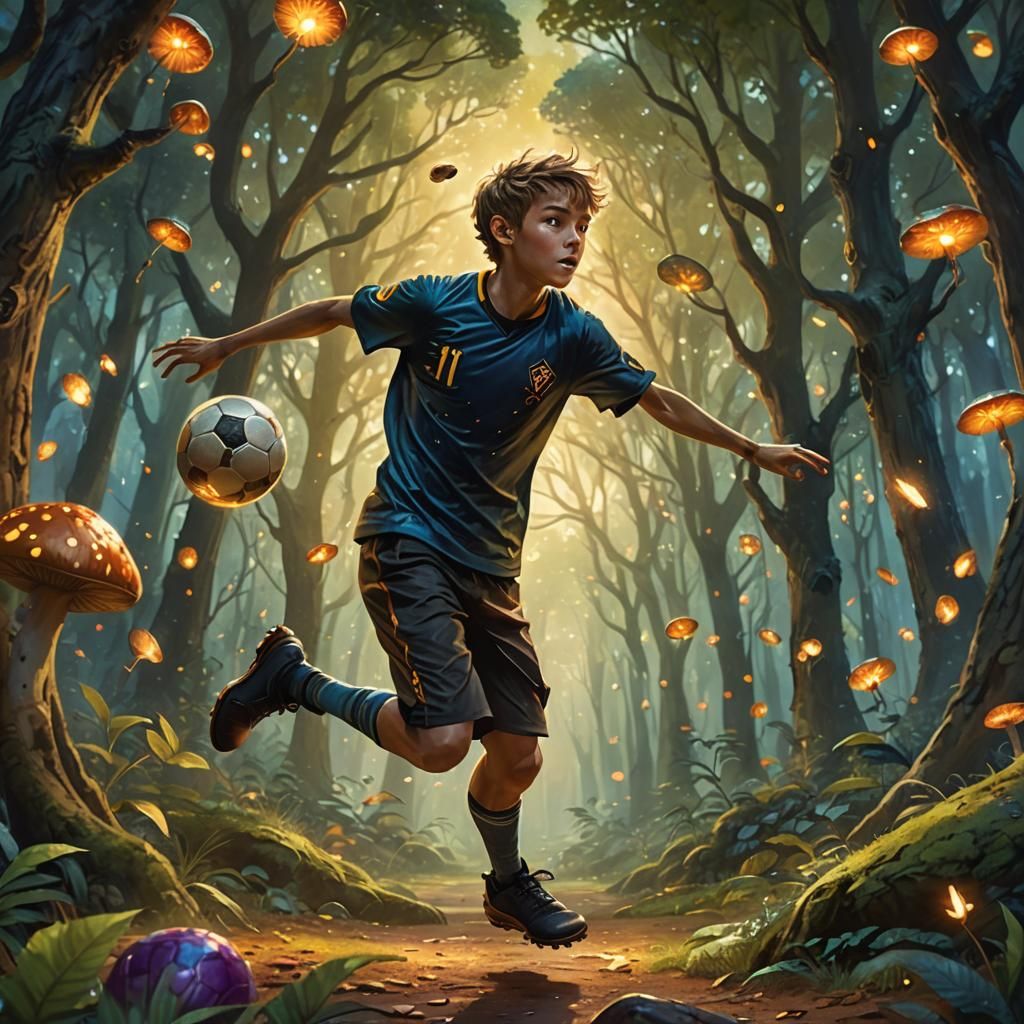 Boy Plays Soccer in Enchanted Forest: Fantasy Art