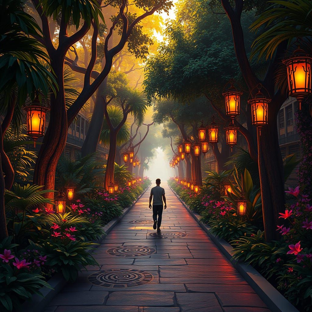 Urban Greenway at Golden Hour in Vibrant Fantasy Style