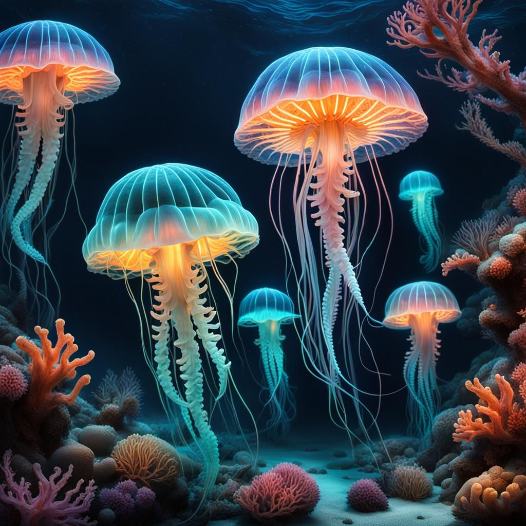 Bioluminescent Jellyfish in Neon Deep Sea