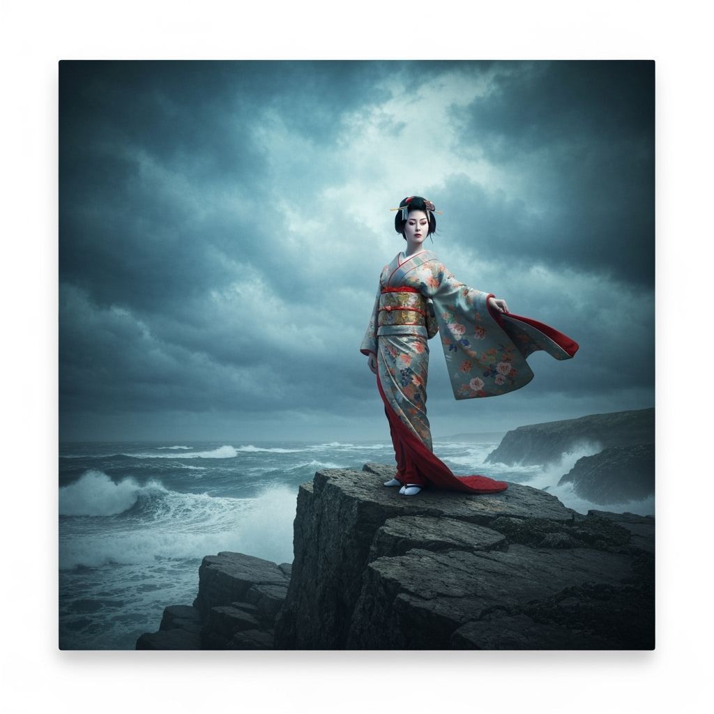 Geisha on Windswept Cliff in Dramatic Style