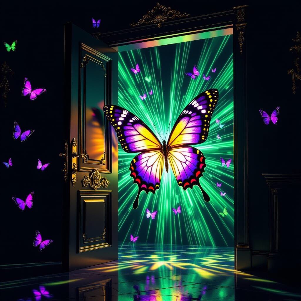 Green Light Door in Dark Room with Luminescent Butterflies